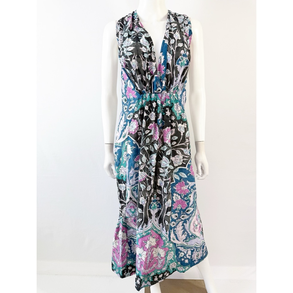 Maria Cher Colorful Floral Midi Dress Size XS V-Neck Bohemian Casual Summer